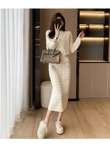 Getadme Elegant Half Turtleneck Plaid Sweaters Tops+slim High Waist Knitwear Skirts 2 Piece Sets Women New Streetwear Pullover Tracksuit